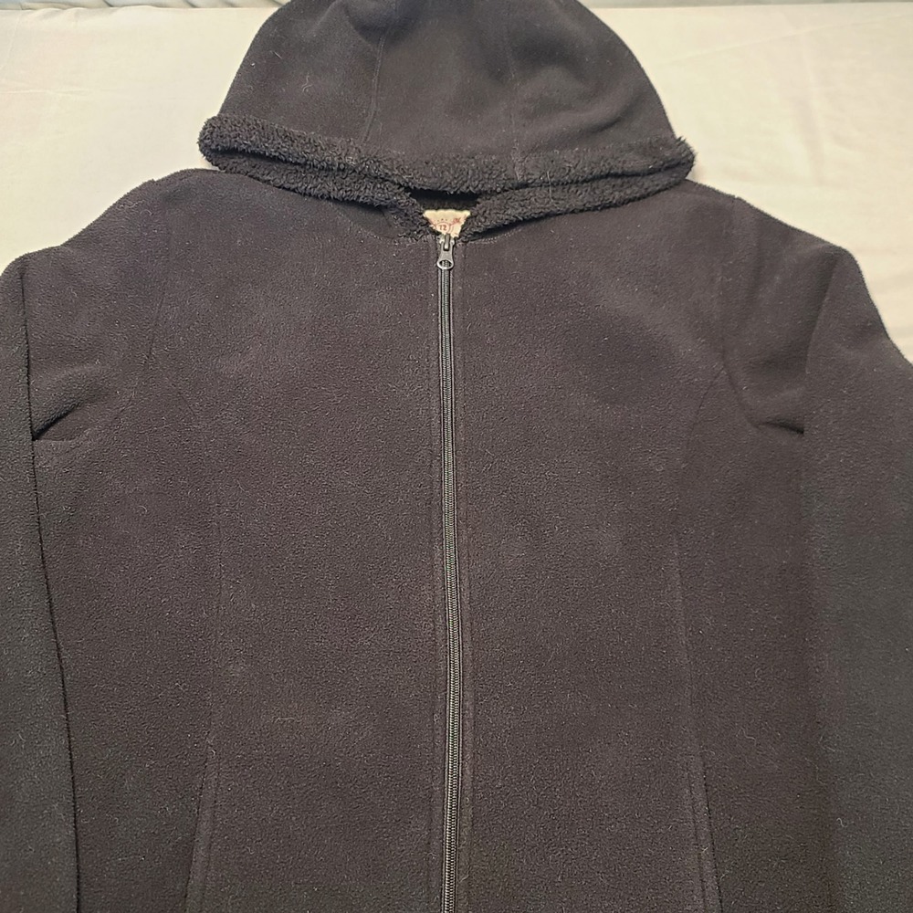 Faded Glory Fleece‎ Zip Up Hoodie Womens XL Black Sherpa Trim Longline Jacket